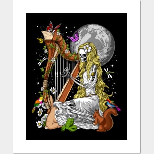 Hippie Skeleton Harp Player Posters and Art